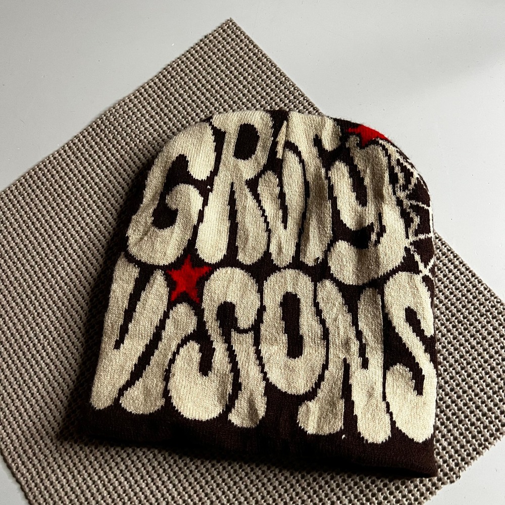 Gritty‎ Visions Brown Knit Beanie Spider Web Graphic Red Star Streetwear Hat